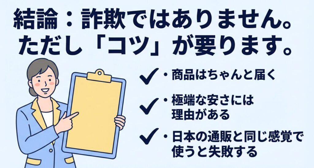テムは詐欺ではないが日本の通販と同じ感覚だと失敗するという解説