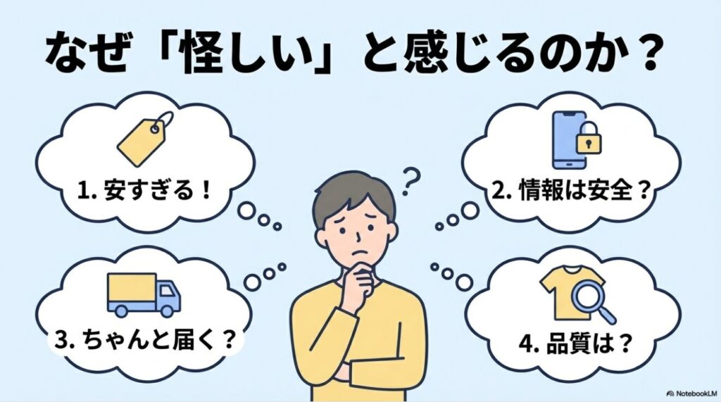 安さ、情報、配送、品質の4つの不安要素を挙げた目次スライド