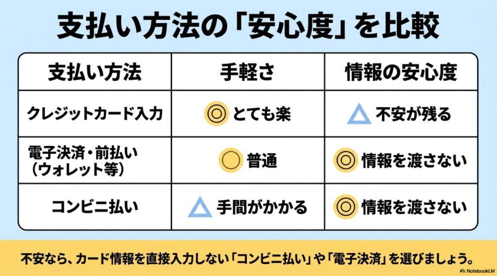 クレジットカードとコンビニ払いの手軽さと安心度の比較表