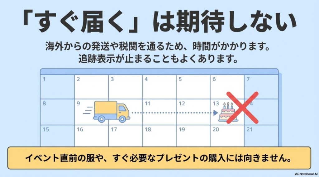 海外発送のため時間がかかるので急ぎの買い物には向かないという注意