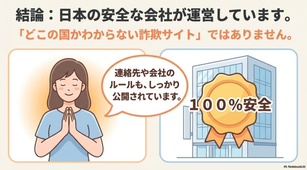 パルクローゼットは日本の安全な会社が運営しており詐欺サイトではないことを示すイラスト