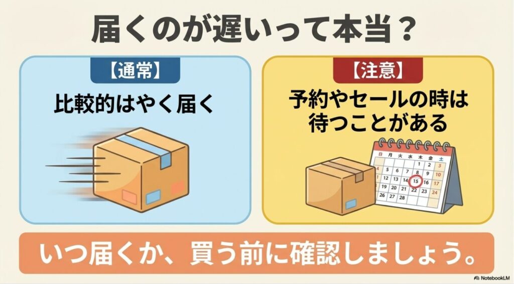 パルクローゼットは通常比較的早く届くが予約やセール時は待つことがあるという配送の注意点
