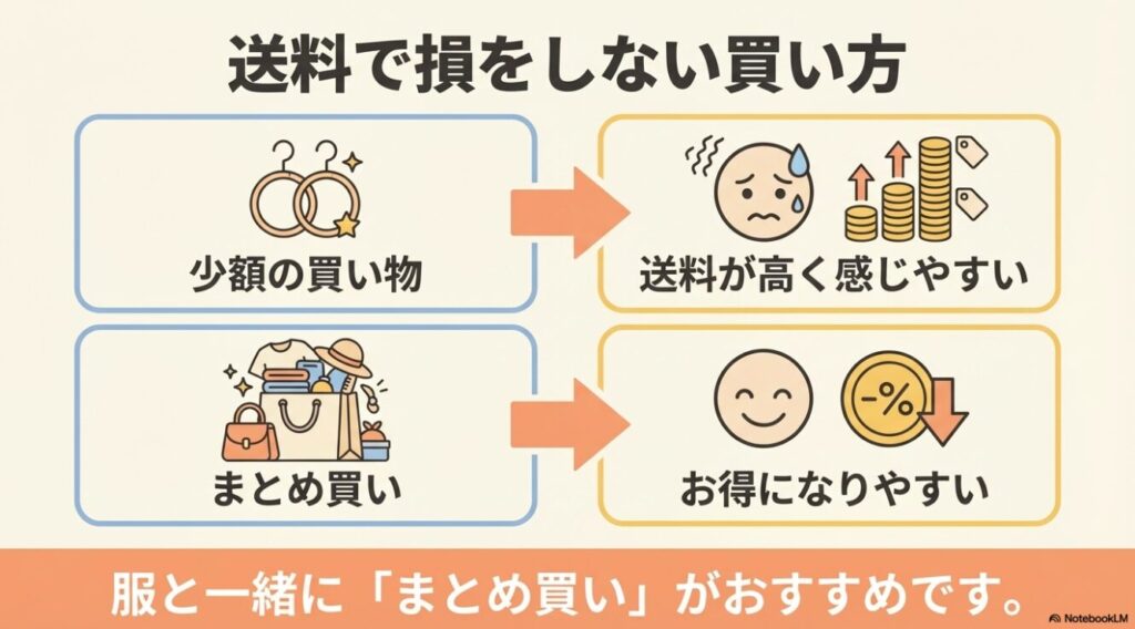 パルクローゼットで送料が高く感じないよう服と一緒にまとめ買いをおすすめするイラスト