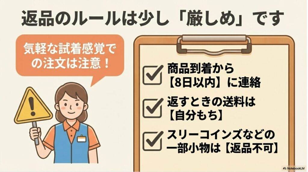 パルクローゼットの返品は8日以内連絡で送料自己負担など少し厳しめであるという注意喚起