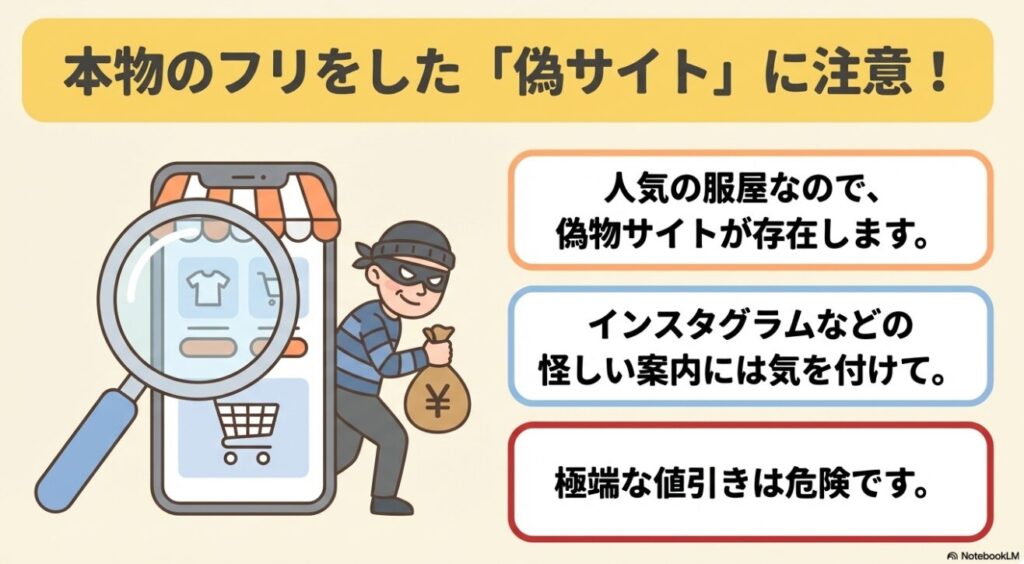パルクローゼットの偽サイトが存在しSNSの怪しい案内や極端な値引きに注意を促すイラスト