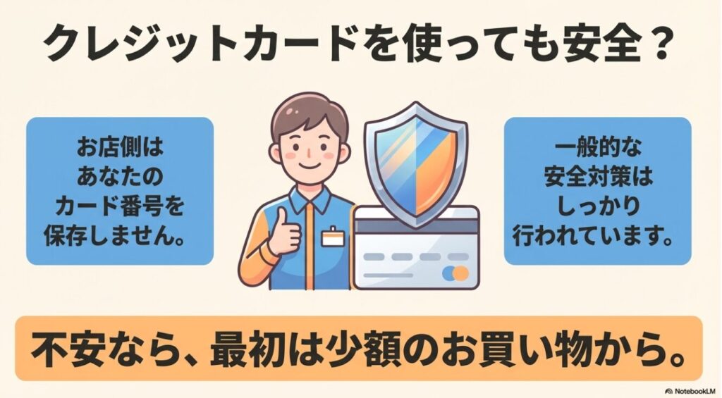 カード番号は保存されず一般的な安全対策が行われているためクレジットカードを使っても安全であること
