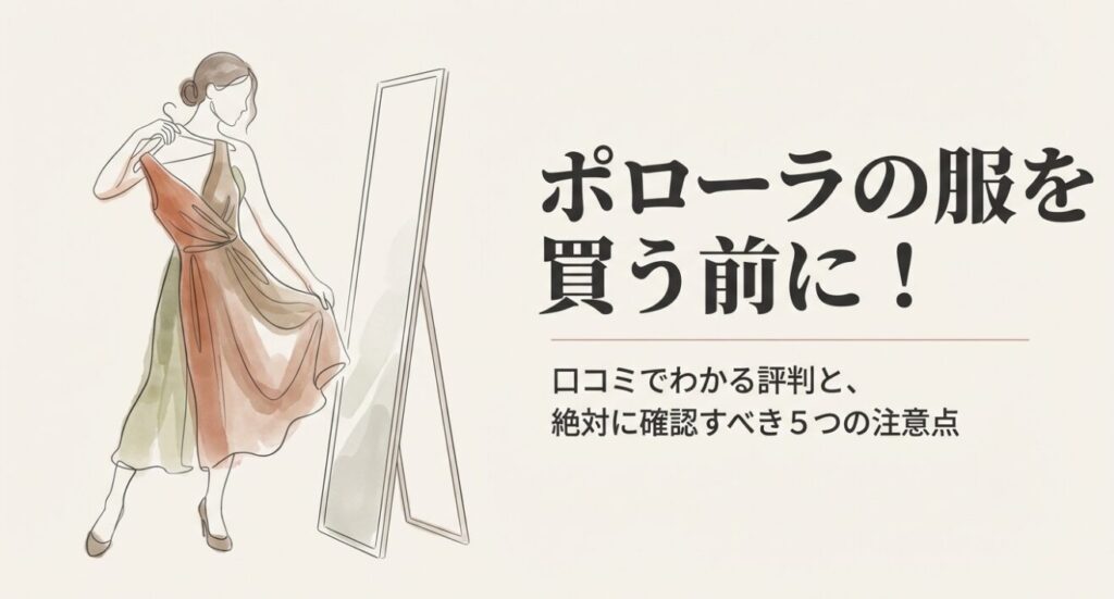 ポローラの服を鏡の前で合わせる女性のイラストと購入前の注意点5つの文字