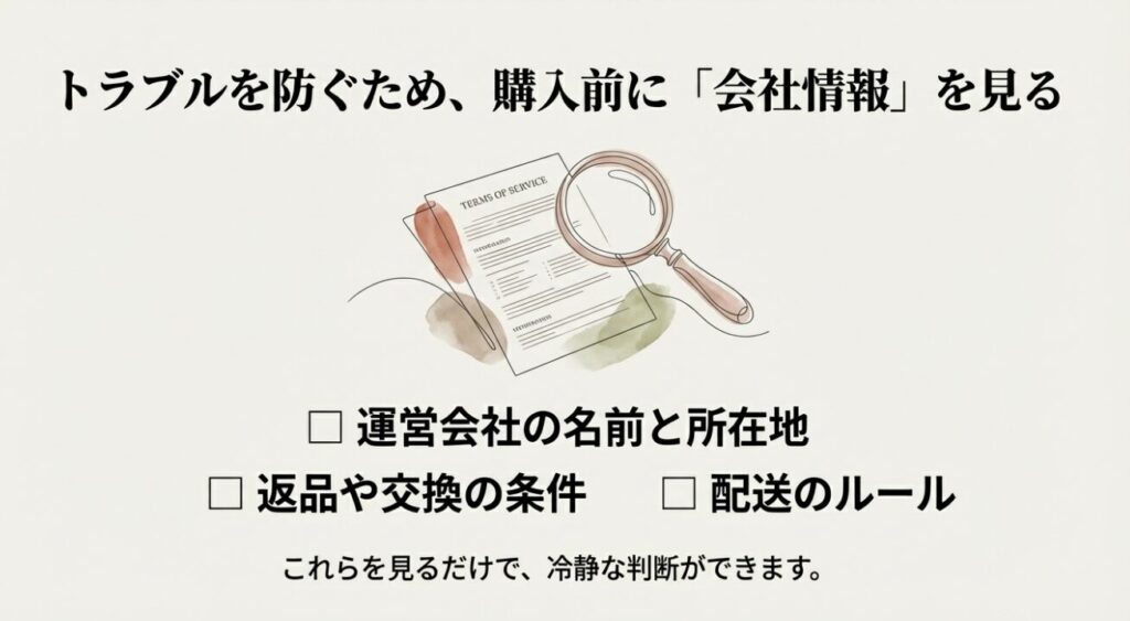 利用規約を虫眼鏡で確認するイラストと運営会社の名前や返品条件のチェック