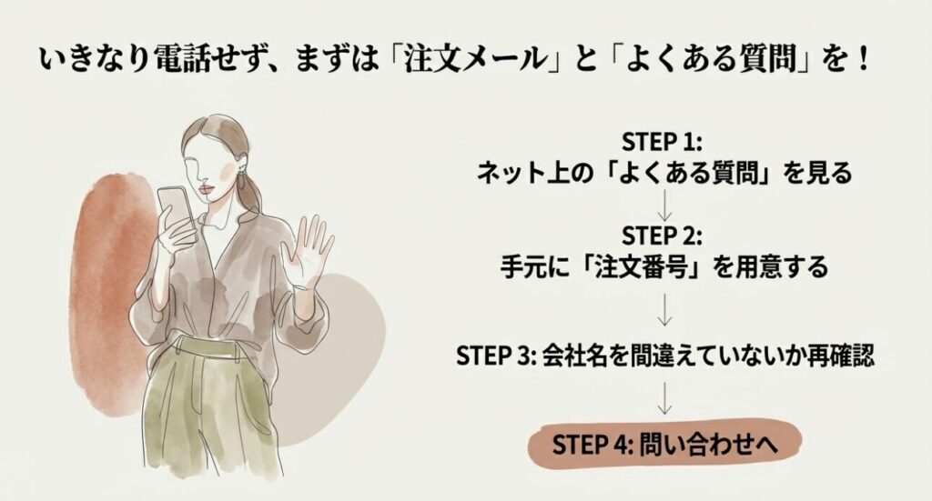 スマホを見る女性とよくある質問の確認や注文番号の用意など問い合わせの手順