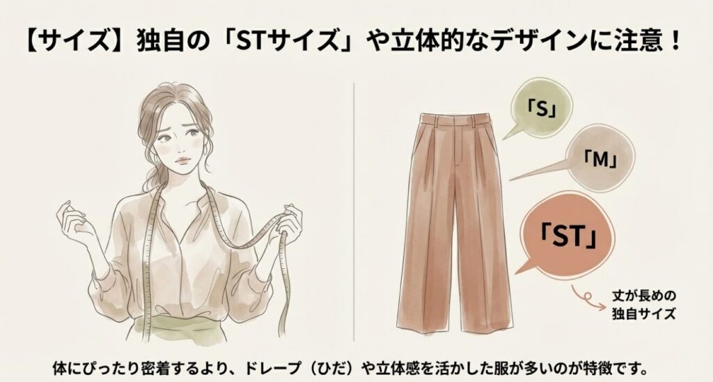 メジャーを持つ女性とSTサイズなどの独自サイズ表記があるパンツのイラスト