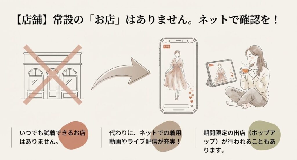 実店舗がない代わりにネットでのライブ配信や着用動画を楽しむ女性の様子