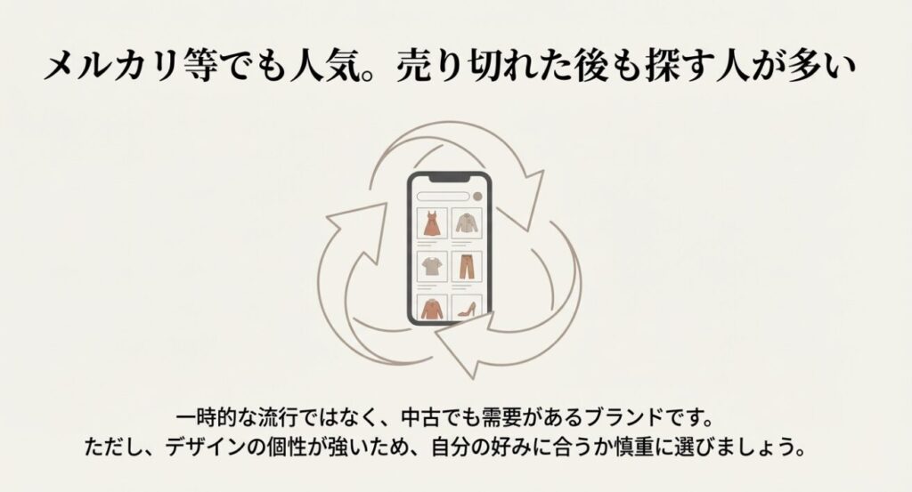 スマホ画面に並ぶ服のアイコンと中古市場でも需要があることを示す循環矢印