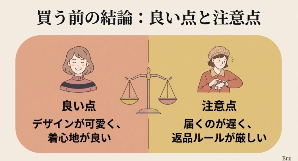 デザインの可愛さと配送や返品ルールに関する良い点と注意点