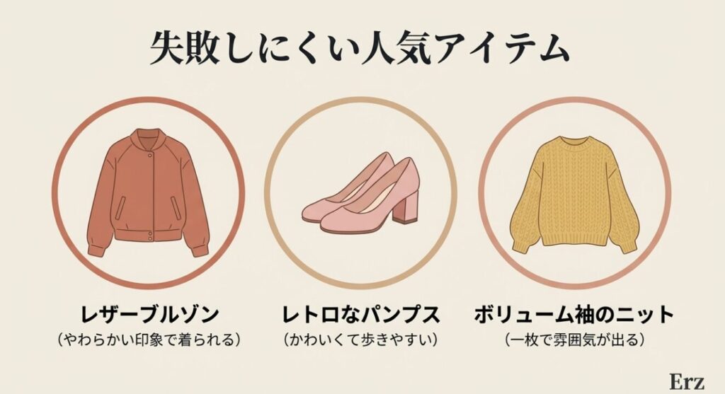 レザーブルゾンやボリューム袖ニットなど失敗しにくい服