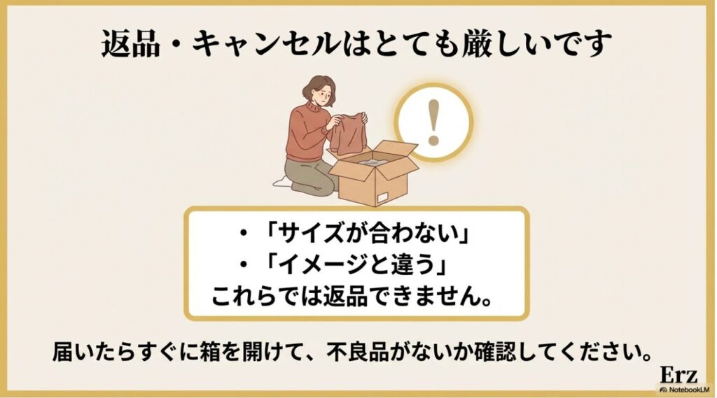 サイズ違いやイメージ違いでは返品できないという注意点