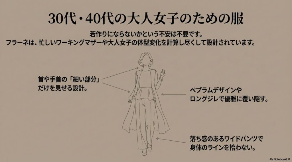 体型変化を計算して細い部分だけを見せるFreneの大人女子向けデザイン