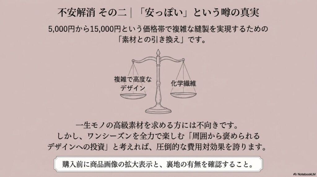 複雑で高度なデザインと化学繊維の素材を天秤にかけたコストパフォーマンスの解説