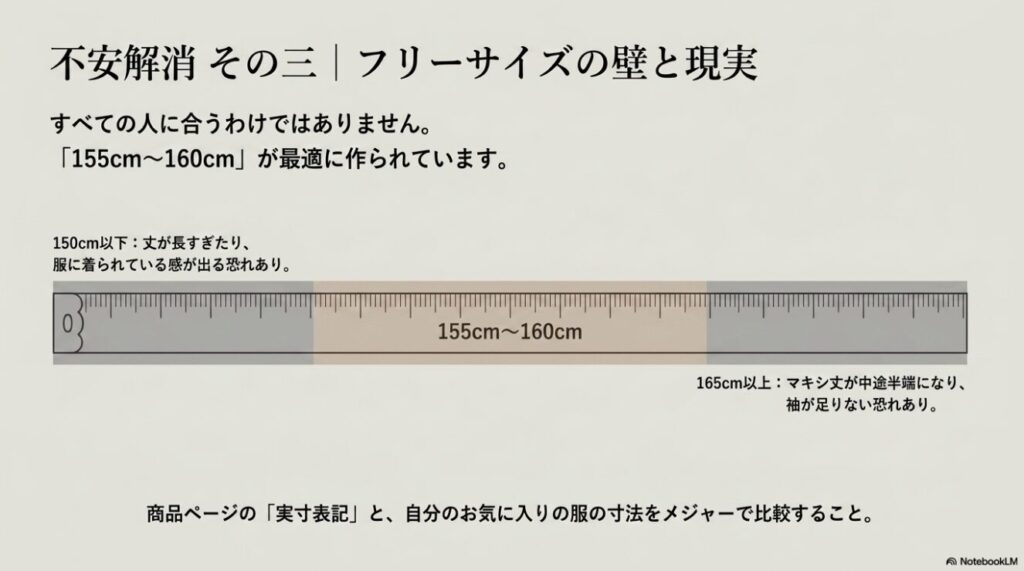 155cmから160cmに最適化されたFreneのフリーサイズの身長別注意点