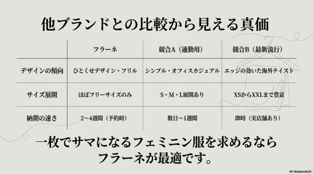 Freneと競合ブランドのデザインやサイズ展開および納期に関する比較一覧