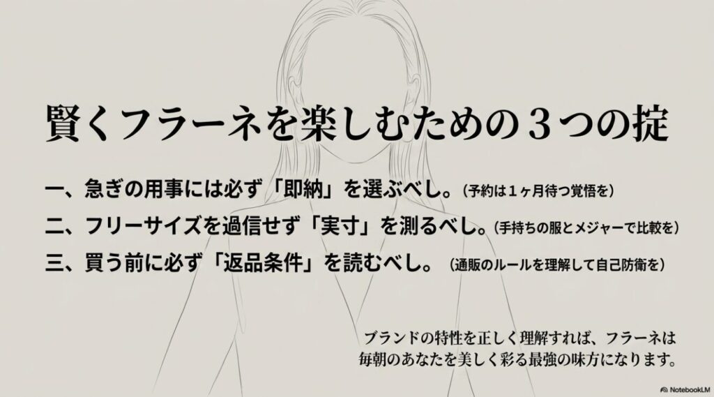 即納の選択や実寸の確認および返品条件の把握などFreneを楽しむためのルール