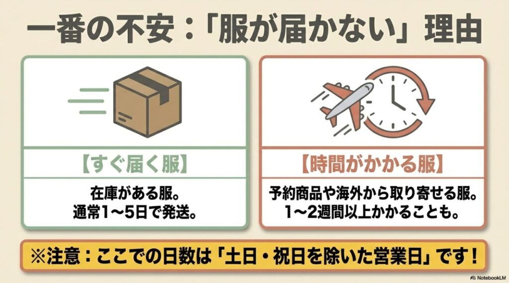 すぐ届く服と時間がかかる服の発送日数の違い