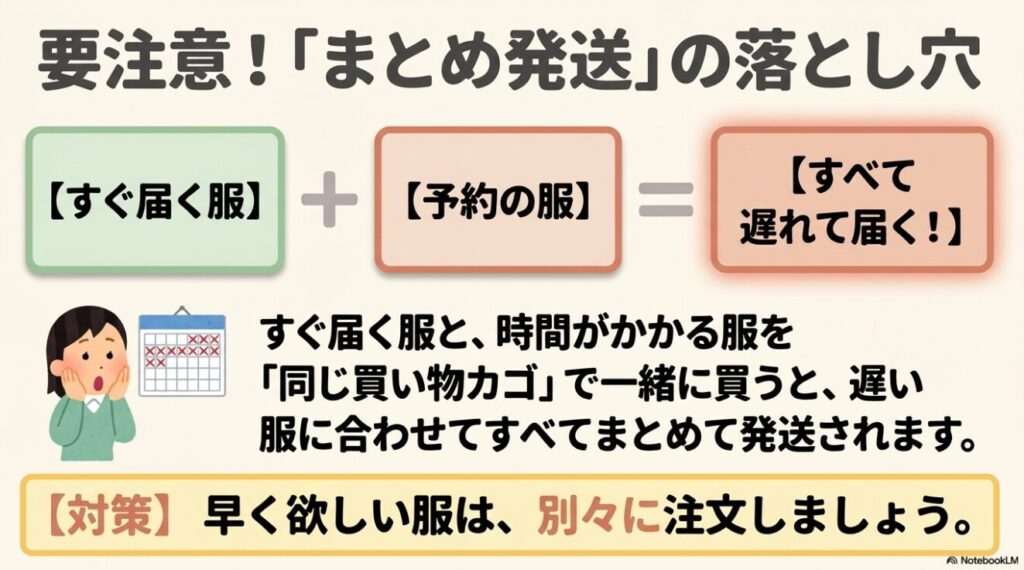 すぐ届く服と予約の服を一緒に買うとすべて遅れて届くという落とし穴
