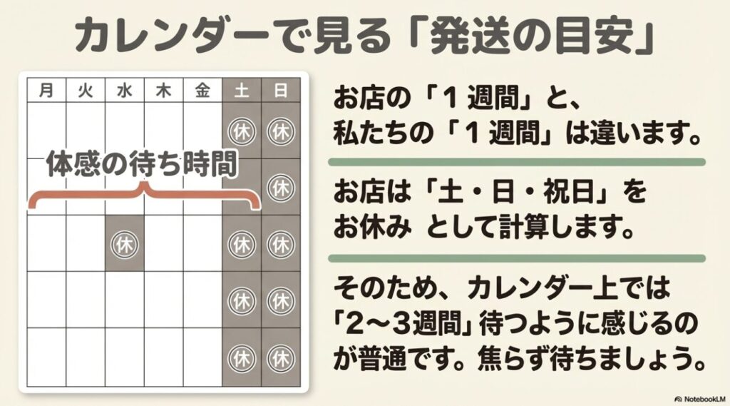 お店は土日祝日が休みのため体感の待ち時間が長くなるという解説