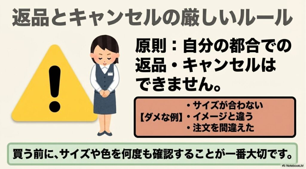 自己都合での返品やキャンセルは原則できないという説明