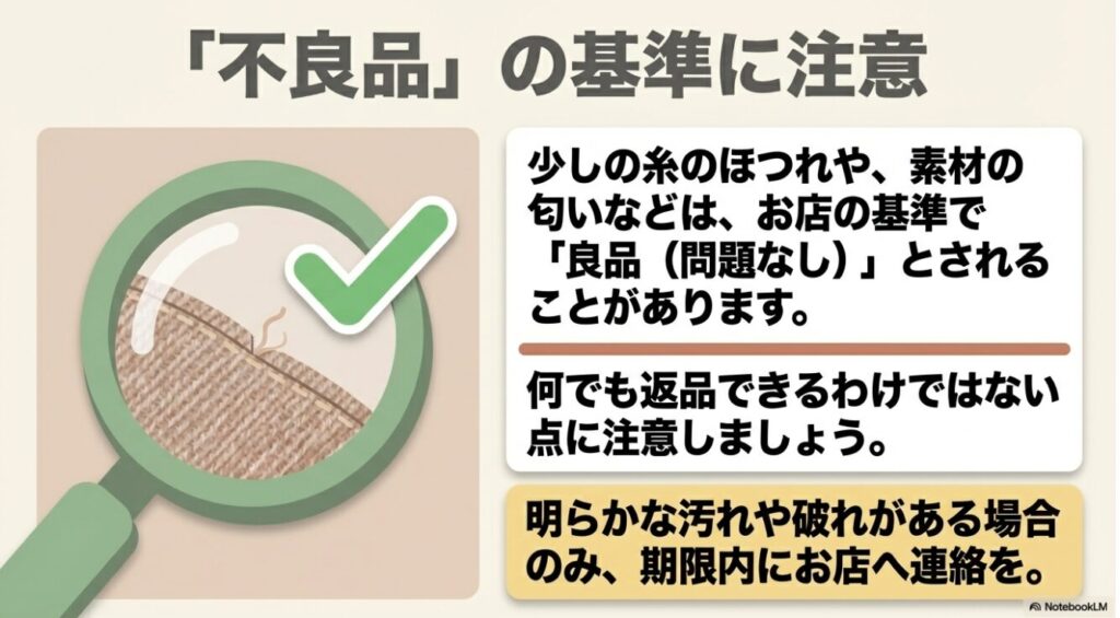 ほつれや匂いは良品とされ返品できないことがあるという注意喚起