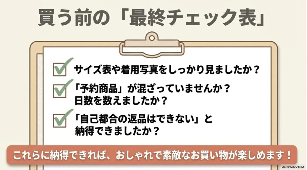 サイズ表や納期や返品ルールを事前に確認するためのリスト