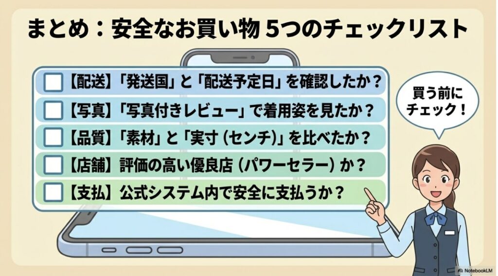 配送や写真など購入前に確認すべき5つの安全チェックリストと楽しむ女性のイラスト