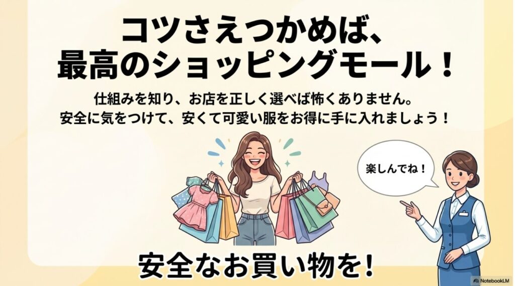 仕組みを知りお店を正しく選んで安くて可愛い服をお得に楽しもうというメッセージ