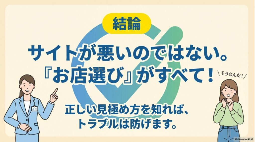 サイトではなくお店選びがすべてであり見極め方を知ればトラブルは防げるという解説