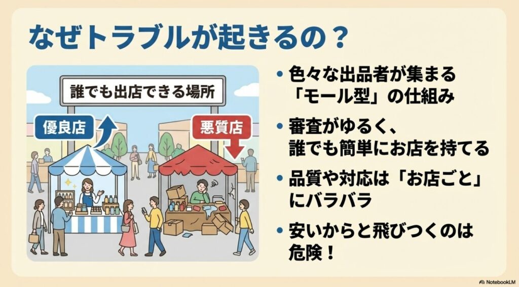 誰でも出店できるモール型の仕組みによって優良店と悪質店が混在するイラスト