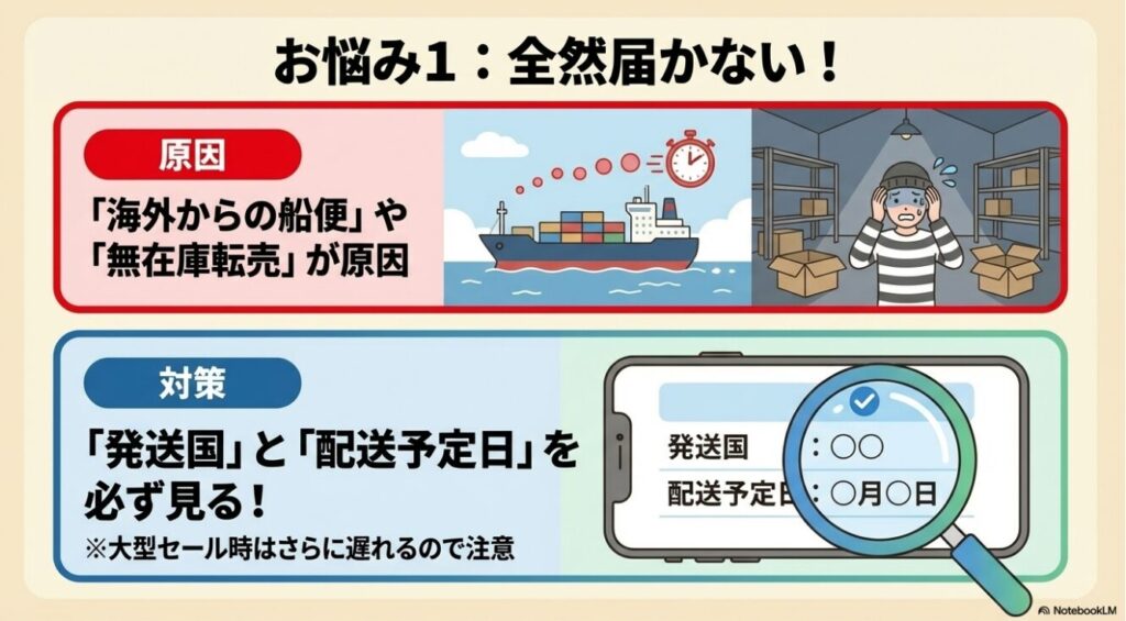 海外からの船便や無在庫転売による配送遅延の原因と対策を説明する画像