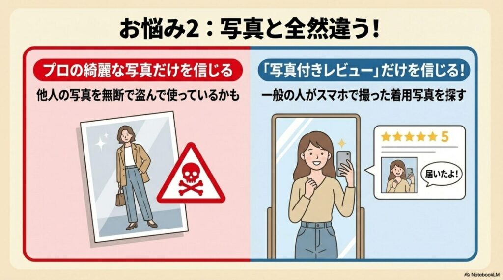 プロの写真ではなく一般の人がスマホで撮った写真付きレビューを確認する対策