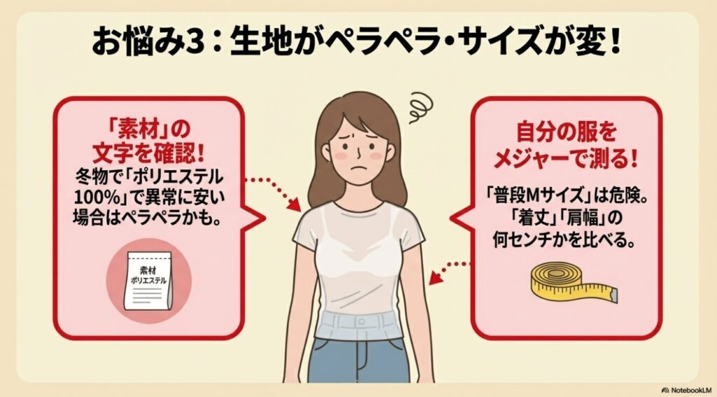 商品の素材表記やメジャーを使った実寸サイズの比較を促す説明画像