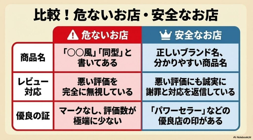 商品名やレビュー対応などから危ないお店と安全なお店を見極める比較表