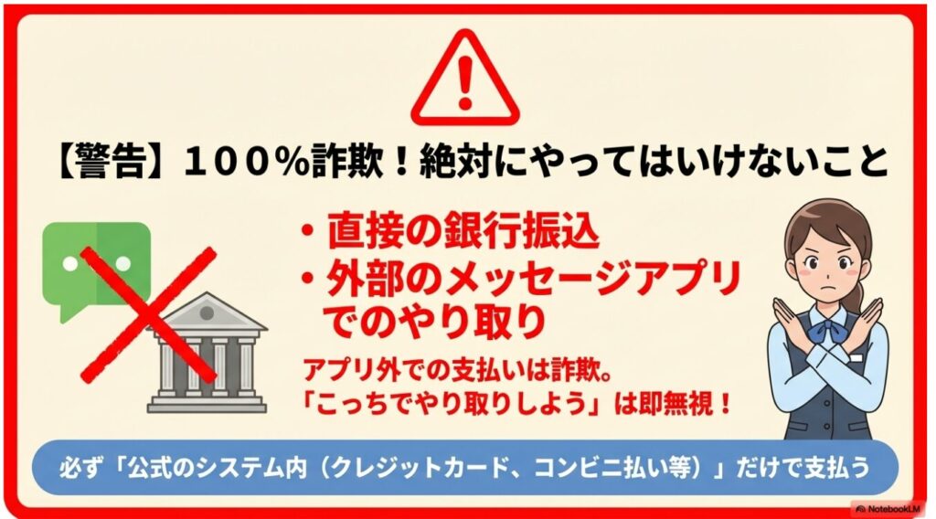 直接の銀行振込や外部アプリでのやり取りなど絶対にやってはいけない詐欺の手口