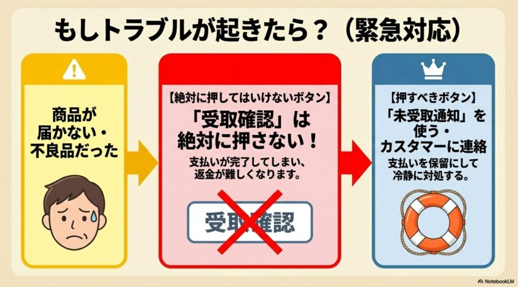 商品が届かない等のトラブル時に受取確認ボタンを絶対に押してはいけないという警告