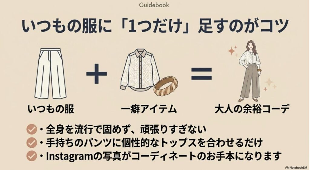 いつもの服に一癖アイテムを足すコーディネート