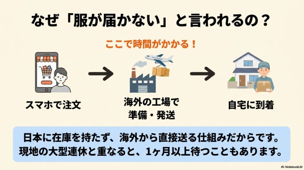 海外から直接送る仕組みのためyoloの服は到着まで時間がかかる事実
