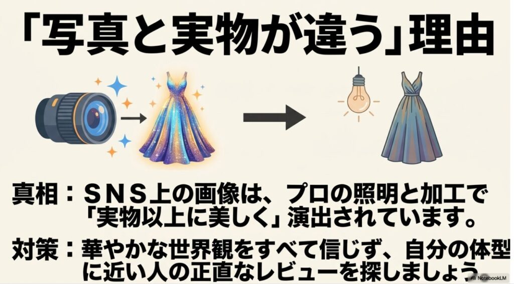 SNS上の服の画像はプロの照明や加工で演出されている点に注意