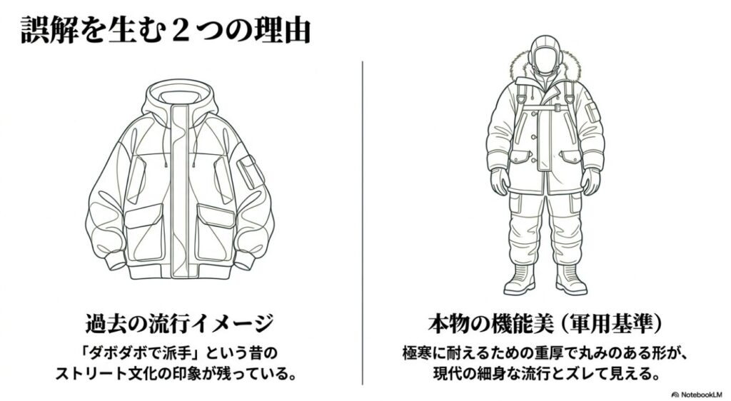 昔の流行と現代のシルエットの比較図