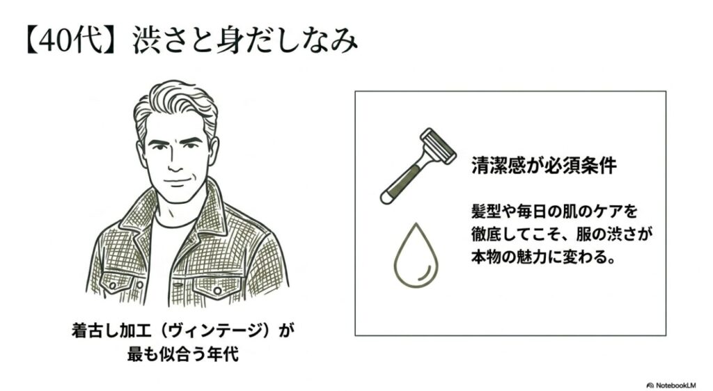 清潔感のある中年男性とケア用品のアイコン