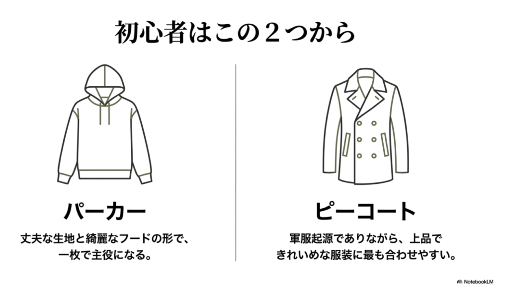 パーカーとピーコートの線画