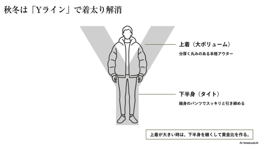 アウターと細身パンツのバランス図解