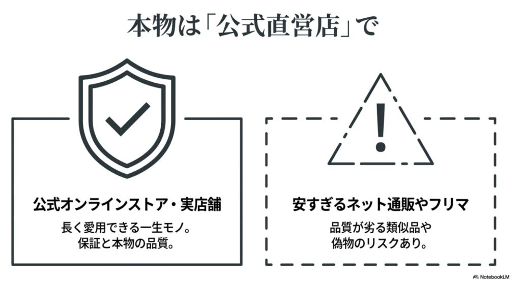 偽物リスクと正規店を推奨する説明文
