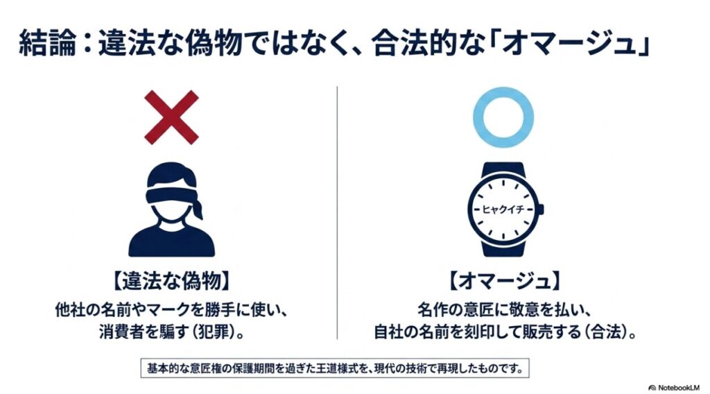 他社の名前を使わず自社名を刻印した合法時計の解説図
