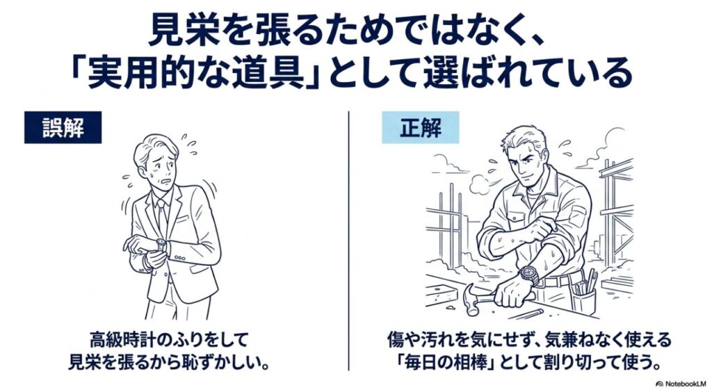 気兼ねなく使える毎日の相棒として時計を着用する男性のイラスト